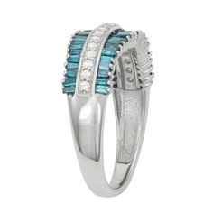 Dazzled with baguette and round-cut blue and white diamonds, this Jewelexcess ring is a unique and stunning addition to your jewelry collection.Click on this JEWELRY & WATCHES GUIDE to learn about fit, styles, materials and more! Width: 8.10 mm Metal: sterling silver Plating: sterling silver Finish: polished Nickel freeDIAMOND DETAILS Total weight: 1 ct. Shape: round, baguette Setting: prong Diamond weights are approximate. Diamond Total Weights may vary between .01 and .13 ct. Some diamonds con Sterling Silver Sapphire Topaz Ring With Diamond Cut, Blue Sterling Silver Stackable Rings With Gemstones, Blue Diamond-cut Topaz Ring In Sterling Silver, Luxury Sapphire-colored Topaz Ring In Sterling Silver, Nickel-free Blue Turquoise Ring In Sterling Silver, White Diamond Ring, Round Cut, 1 Carat, White Diamond