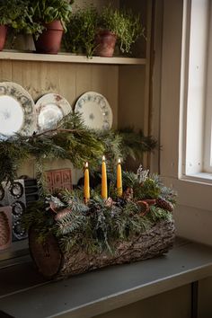 candles are lit in a log with evergreen and pine cones on it, along with other christmas decorations