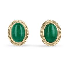 Featured here is a beautiful very rare set of JUMBO large Colombian oval cut cabochon emerald studs dexterously handcrafted in solid fine 14K yellow gold. Displayed are rich deep dark forest green emeralds with very good transparency, accented by a simple bezel set victorian gold mount, allowing for the emerald to be shown in full view. The ethically earth-mined, dark green cabochon Colombian emeralds have a desirable lush green color, a large statement size with excellent qualities. These earrings are ideal for everyday use and are the perfect accessory for any outfit.  Setting Style: Bezel Setting Material: 14K Yellow Gold  Weight: 10.2 Grams Main Stone: Emerald Cabochon Shape: Oval Cut Approx Weight: 19.04-carats (Total) Clarity: Very Good Color: Dark Rich Green Luster: Very Good Treatm Green Gemstone Cabochons For Formal Use, Classic Oval Cabochons For Anniversary, Fine Jewelry Green Cabochons For Formal Occasions, Oval Yellow Gold Cabochons For Formal Events, Green Cabochons For Formal Fine Jewelry, Classic Yellow Gold Gemstone Cabochons, Yellow Gold Gemstone Cabochons In Classic Style, Oval Cabochons For Formal Wear Fine Jewelry, Classic Yellow Gold Polished Cabochons