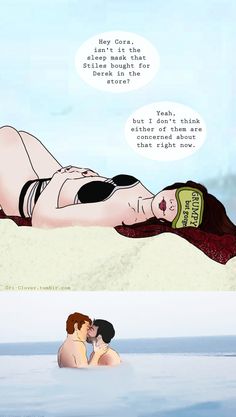 two cartoon images one with a woman laying on the beach and another with a man kissing her