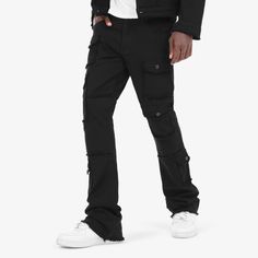 Premium Jet Black Multi Cargo Jeans Frayed Details Stacked Comfort Stretch 39" Length Model Height: 6'0" Model Weight: 170 lbs Size Worn: 32W Fitted Casual Outerwear With Cargo Pockets, Casual Fitted Outerwear With Cargo Pockets, Fitted Black Utility Cargo Pants, Black Cotton Cargo Pants For Fall, Black Fitted Cargo Pants Casual, Fitted Black Casual Cargo Pants, Fitted Cargo Pocket Outerwear For Streetwear, Black Utility Cargo Pants For Urban Adventures, Black Cotton Utility Outerwear