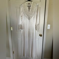 Nwt Longsleeve Satin Nightgown. Size S White Color White Long Sleeve Nightgown For Sleep, Long Sleeve White Nightgown For Sleep, Long Sleeve Lace Trim Sleepwear, White Long Sleeve Home Dress, White Long Sleeve Dress For Home, Long Sleeve Lace Trim Sleepwear For Bedtime, Long Sleeve Lace Trim Nightgown For Wedding, Long Sleeve Lace Trim Wedding Nightgown, Wedding Nightgown With Lace Trim And Long Sleeves