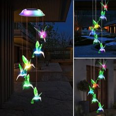 several images of colorful lights in the shape of hummings hanging from a ceiling fixture