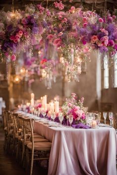 Romantic pink and purple wedding reception. A floral wedding table with a pink and purple colour scheme.    Pink and purple wedding | pink wedding | purple wedding | floral wedding | spring wedding | spring wedding decor | pink and purple wedding theme | pink and purple wedding flowers | pink and purple wedding ideas | whimsical wedding | romantic pink and purple wedding | pink and purple wedding reception Pink And Purple Wedding Theme, Pink And Purple Wedding Flowers, Wedding Pink And Purple, Flowers Pink And Purple, Wedding Decor Pink, Pink And Purple Wedding, Spring Wedding Decor, Purple Wedding Ideas, Purple Wedding Reception