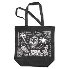 "Carry your essentials with our hand-screen printed canvas tote bag. Measuring 15\" wide by 15\" high x 5\"  deep, this black canvas tote features an arrangement of white-printed designs reminiscent of a tattoo flash sheet. Bold illustrations including cobwebs, barbed wire, 2H Axe, a palm tree and more. Its spacious design makes it great for holding vinyl records, Art materials, groceries or whatever you carry with you. It's both practical and an eye-catching accessory.  Canvas Tote Bag Hand screen printed. 10 oz brushed finish 100% post-consumer recycled cotton. 15\"W x 15\"H x 5\"D Flash Canvas Tote Bag, Cobweb Tote Bag, Barbwire Lunch Canvas Tote, Skull Canvas Shoulder Bags, Canvas Handbag, Palm Tree Book Bags" Screen Printed Canvas Tote Bag For Everyday Use, Screen Print Canvas Tote Bag For Everyday Use, Screen Print Canvas Tote For Everyday Use, Canvas Bag With Screen Print For Everyday Use, Everyday Canvas Bag With Screen Print, Everyday Screen Print Canvas Bag, Graphic Print Canvas Tote Bag For Everyday Use, Everyday Canvas Tote Bag With Graphic Print, Rectangular Canvas Bags For Streetwear