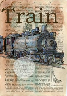 an old book page with a drawing of a train on it