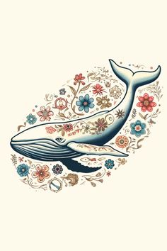 a drawing of a whale surrounded by flowers