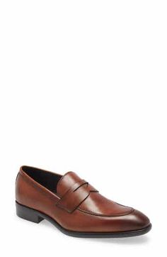 Calvin Klein Jay Leather Loafer (Men) | Nordstromrack Business Loafers With Textured Sole In Brown, Brown Business Loafers With Textured Sole, Business Casual Monk Strap Slip-on Shoes With Stitched Sole, Modern Brown Loafers For Business Casual, Slip-on Wingtip Dress Shoes For Work, Brown Leather Lined Loafers For Work, Office Cap Toe Loafers With Rubber Sole, Slip-on Cap Toe Loafers For Office, Formal Brown Monk Strap Shoes With Textured Sole