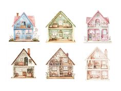 four houses are shown in different colors and sizes, each painted with watercolors