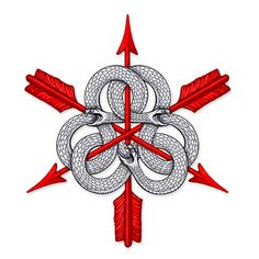 a red and white snowflake with arrows