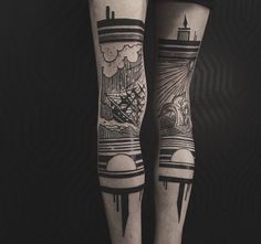 two people with tattoos on their legs are standing in front of a black and white photo