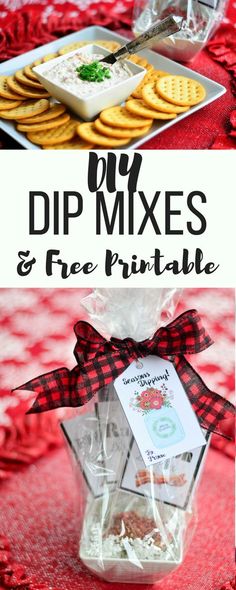 dip mixes and free printables on a red tablecloth with text overlay