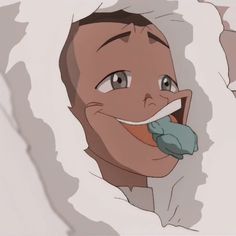 an animated image of a smiling man peeking out from under a blanket with his mouth open