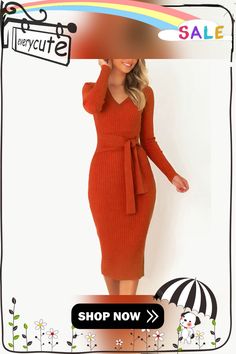 Orange V Neck Long Sleeve Dress with Belt Trendy Fall Midi Dress For Workwear, Orange Dress For Fall Workwear, Belted Midi Dress For Fall Day Out, Fall Midi Belted Dress For Day Out, Belted Midi Dress For Day Out In Fall, Trendy Orange Dress For Fall, Fall Season Orange Workwear Dress, Chic Orange Midi Dress For Fall, Casual Orange Winter Dress