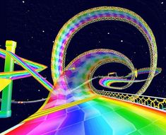 an abstract image of a rainbow colored structure with spirals and stars in the background