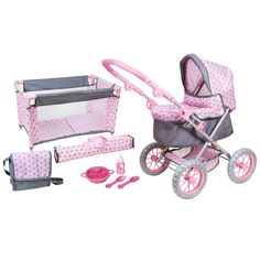 a pink baby stroller with accessories in it