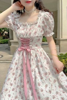 Find ideas๏ฟฝand inspiration for Japanese Sweet Lolita Princess High Waist Short Sleeve White Floral Kawaii Dress, Women's Dresses Floral Corset Midi Dress, Corset Waist Dress, Cute Frilly Dresses, Frilly Prom Dress, Bow Dress Aesthetic, Corset Floral Dress, Aesthetic Floral Dress, Pink Corset Dress, Floral Corset Dress