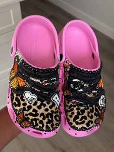 Beautiful well crafted crocs made with love to match any outfit or occassion Leopard Crocs Outfit, Leopard Crocs With Charms, Special Edition Crocs, Limited Edition Crocs, Crocs Camouflage, Crocs With Charms, Pink Crocs, Crocs Fashion, Custom Shoes Diy