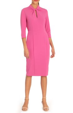 A sheath dress features a cutout mock neck with a twist for ultimate sophistication. Fit: this style fits true to size. Fitted Dresses With 3/4 Sleeve, Pink Fitted Midi Dress With Half Sleeves, Spring Bodycon Dress With Back Zipper For Work, Chic 3/4 Sleeve Bodycon Dress For Spring, Spring Career Midi Dress Fitted, Spring Career Midi Dress, Bodycon Midi Dress With 3/4 Sleeve For Spring, Fitted Midi Dress With Boat Neck, Fitted Career Dress With 3/4 Sleeves