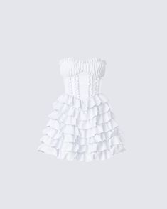 Bring your ruffle flair to the next level in this playful white mini dress 🤍 With 7 tiers of ruffles, a V-waist seam, and a fit and flare silhouette - this piece, made from plain-weave fabric, is your ticket to getting everyone to swoon over you 😌 Fitted White Mini Dress With Ruffles, White Ruffled Mini Dress For Dress-up, White Balletcore Mini Dress With Ruffles, White Ruffled Mini Corset Dress, Casual Off-white Ruffled Mini Dress, Dress Body Type, Inverted Triangle, Weave Fabric, Ruffle Mini Dress