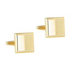 two gold cufflinks with perfored squares on the front and back of them