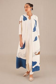 Shop for AMPM Ivory Linen Betel Motif Jacket And Pant Set for Women Online at Aza Fashions Co Ords Outfits, Open Sleeve, Fashion App, Abaya Fashion, Jacket Design, Pant Set, Set For Women, Aza Fashion, Three Quarter