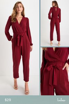 The Lulus In the City Burgundy Surplice Long Sleeve Jumpsuit is a look that can take you where you wanna go! Lightweight flat woven fabric sweeps chicly across long sleeves and a flirty surplice bodice with pleated detail and a back keyhole (secured by two round covered buttons). Paper bag waist (with belt loops and a tying sash belt) adds unique flair atop slim cropped pant legs, making this jumpsuit a stylish choice for day or night! Hidden side seam pockets. Hidden back zipper/clasp. Fit: Thi Elegant Long Sleeve Jumpsuits And Rompers With Tie Waist, Elegant Winter Jumpsuits And Rompers With Long Sleeves, Elegant Long Sleeve Jumpsuits And Rompers For Fall, Elegant Long Sleeve Winter Jumpsuits And Rompers, V-neck Jumpsuits And Rompers For Fall Brunch, Spring Long Sleeve Jumpsuits And Rompers With Tie Waist, Long Sleeve Jumpsuits And Rompers For Work In Fall, Chic Long Sleeve Jumpsuits And Rompers For Fall, Long Sleeve Jumpsuits And Rompers For Brunch