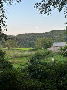 an old barn sits in the middle of a lush green field with trees around it