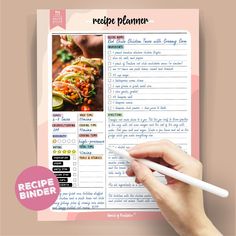 the recipe planner is open and ready to be used for lunch or dinner, with a hand holding a pen