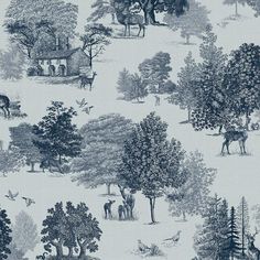 a blue and white wallpaper with deer, trees, and houses in the background