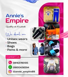 an advertisement for annie's empire featuring clothes and accessories on the front, along with other items