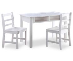 a white table and two chairs are shown