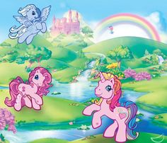 three pinkie ponies flying over a lush green field next to a rainbow castle