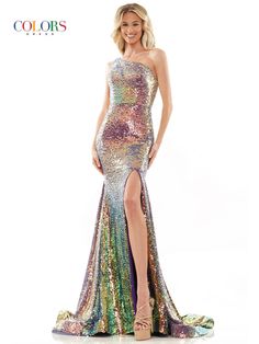 The fabric in this Colors Dress style is Sequin Fitted A-line Gown With Sequins, Floor-length Dresses With Side Slits For Prom, Prom Dress With Side Slits For Prom Season, Sequined Dressy Dress With Fitted Bodice, One-shoulder Stretch Dress For Cocktail, One Shoulder Stretch Dress For Cocktail, Side Slits Dress For Prom, One-shoulder Stretch Dress With Side Slits, One Shoulder Stretch Dress With Side Slits