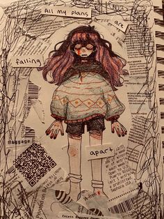 a drawing of a girl with long hair and red eyes standing in front of a pile of papers