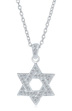 Sparkling round-cut cubic zirconia highlights a Star of David pendant suspended by a chain necklace. 16" length; 2" extender Sterling silver/cubic zirconia Imported Silver Star Of David Necklace With Adjustable Chain, Star-shaped Clavicle Chain With Cubic Zirconia, Silver Cubic Zirconia Star Of David Jewelry, Star-shaped Cubic Zirconia Necklace For Anniversary, Star Of David Necklace In Cubic Zirconia As Gift, White Gold Cubic Zirconia Star Of David Jewelry, Jewelry Star, Star Of David Pendant, Cz Necklace