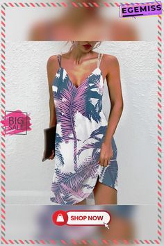 Women's Sexy V-neck Dress with Printed Halter Belt V-neck Mini Dress With Floral Print For Beach Season, Flirty V-neck Mini Dress For Summer, Summer V-neck Dress With Spaghetti Straps For Night Out, Summer V-neck Mini Dress For Brunch, Summer V-neck Dress For Night Out, Trendy V-neck Mini Dress For Summer, Summer V-neck Mini Dress For Day Out, Flirty Sleeveless V-neck Summer Dress, Trendy Summer Mini Dress With V-neck