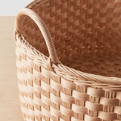 a woven basket sitting on top of a wooden table