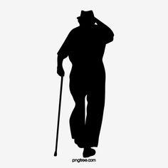 the silhouette of a man with a hat and cane is holding his hand to his head