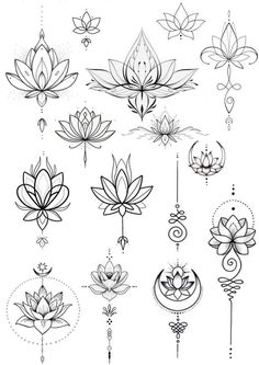 lotus tattoo designs on the back of a woman's arm and chest, with different symbols