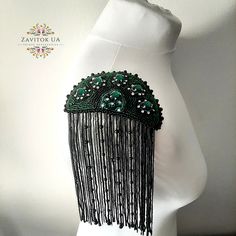 A pair of Green Epaulettes with Tassels and Chains. Handmade Shoulder Beaded Epaulettes. Shoulder straps. Shoulder accessories. Shoulder Pad. Shoulder straps, festival fashion look. Such epaulettes will decorate an evening dress or a jacket on a special day and make you unique. You will hear a lot of compliments wherever you wear them. Epaulettes are hand-embroidered with beads from the best materials. This is listing for 1 pair epaulet. Real colors may slightly differ from their appearance on y Traditional Handmade Party Headpieces, Traditional Party Headpieces With Bead Caps, Traditional Green Headpiece For Parties, Green Bohemian Headpiece For Party, Bohemian Embellished Evening Jewelry, Handmade Festival Headpieces For Party, Epaulettes Fashion, Beaded Shoulder Pads, Leather Epaulettes