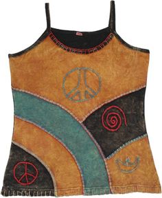 A gorgeous stonewashed tank top with patches of rusty orange or brown, black and teal colors joined together with a thick thread.  The patches look very artsy, especially with the symbolic embroidered motifs highlighting the overall look. #tlb #Sleeveless #Patchwork #Stonewash #Embroidered #vacationclothing #beachwrap #bohemianfashion #Handmade #gypsytanktop #summerhippietanktop #ribbedcottontanktop Multicolor Cotton Patchwork Tank Top, Casual Brown Tank Top For Festival, Acid Wash Cotton Tank Top For Festivals, Festival Acid Wash Cotton Tank Top, Sleeveless Brown Top For Festival, Brown Sleeveless Top For Festival, Brown Hippie Festival Tops, Hippie Brown Cotton Top, Brown Sleeveless Hippie Top