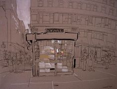 a drawing of a store front with people standing in the doorway and on the sidewalk