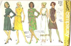 four women's dresses and one woman's purse are shown in this vintage sewing pattern