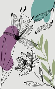 an abstract floral design with leaves and flowers in pastel colors on a gray background