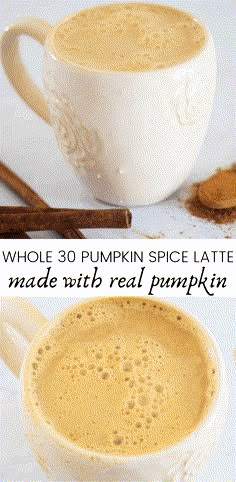 two mugs filled with pumpkin spice latte next to cinnamon sticks