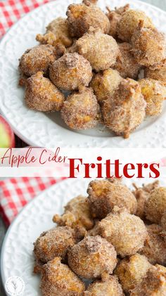 apple cider fritters on a white plate with red checkered table cloth