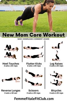 a woman doing the new mom core workout on her stomach and chest, with text below it