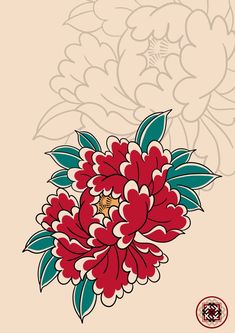 an image of a flower with leaves on it's back and red flowers in the middle