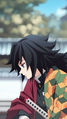 an anime character with long black hair holding a large object in his right hand and looking at the camera